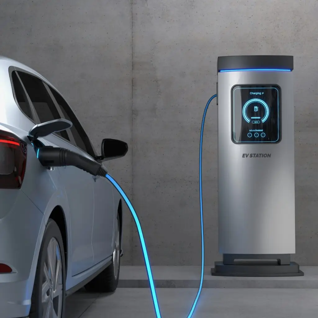 A Sleek Modern Electric Vehicle Charging at a Fast Charging Station