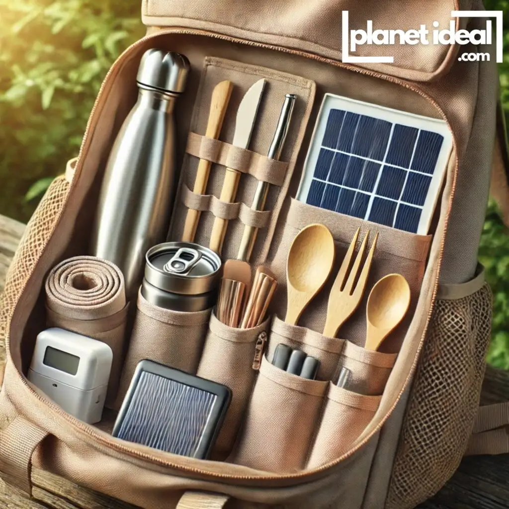 A backpack neatly packed with reusable essentials like a water bottle, bamboo utensils, and a charger.