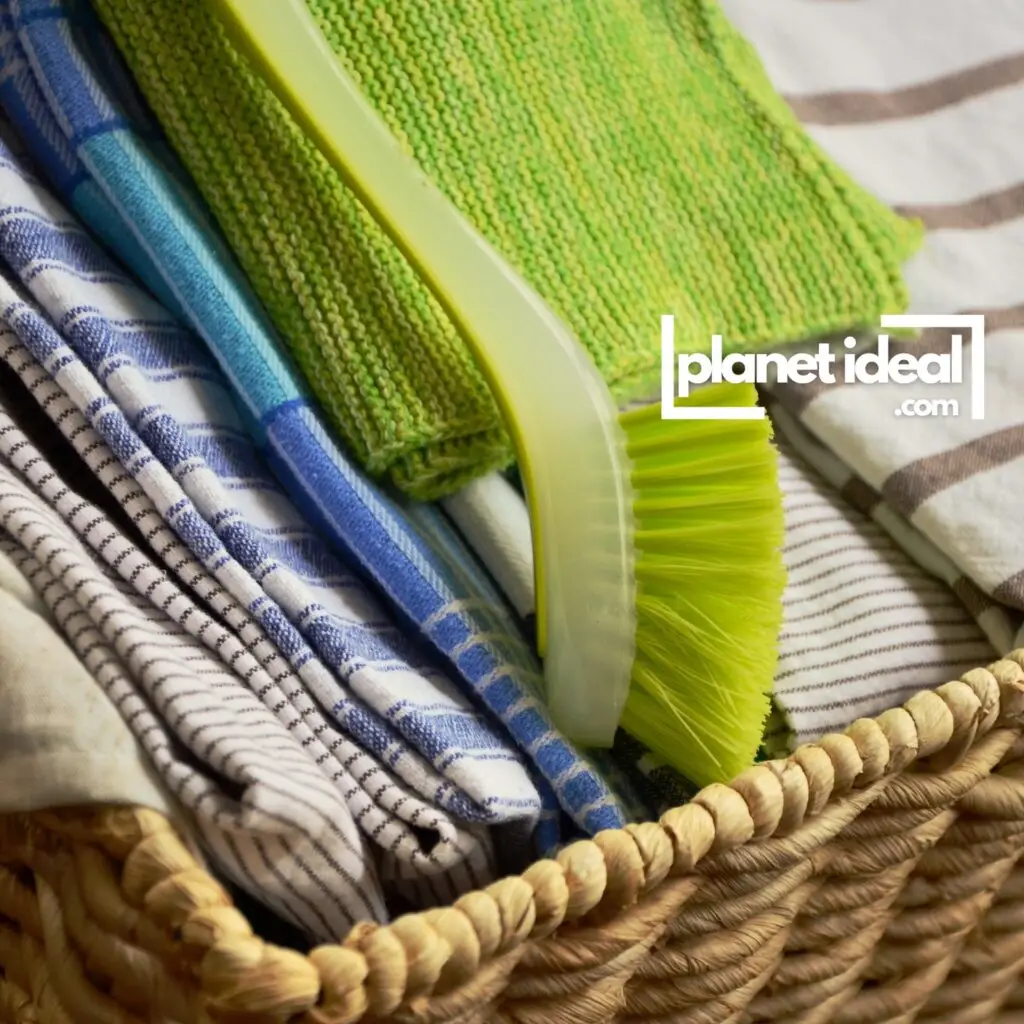 A basket of neatly folded reusable cloths in various colors and patterns, ready for use in the kitchen.