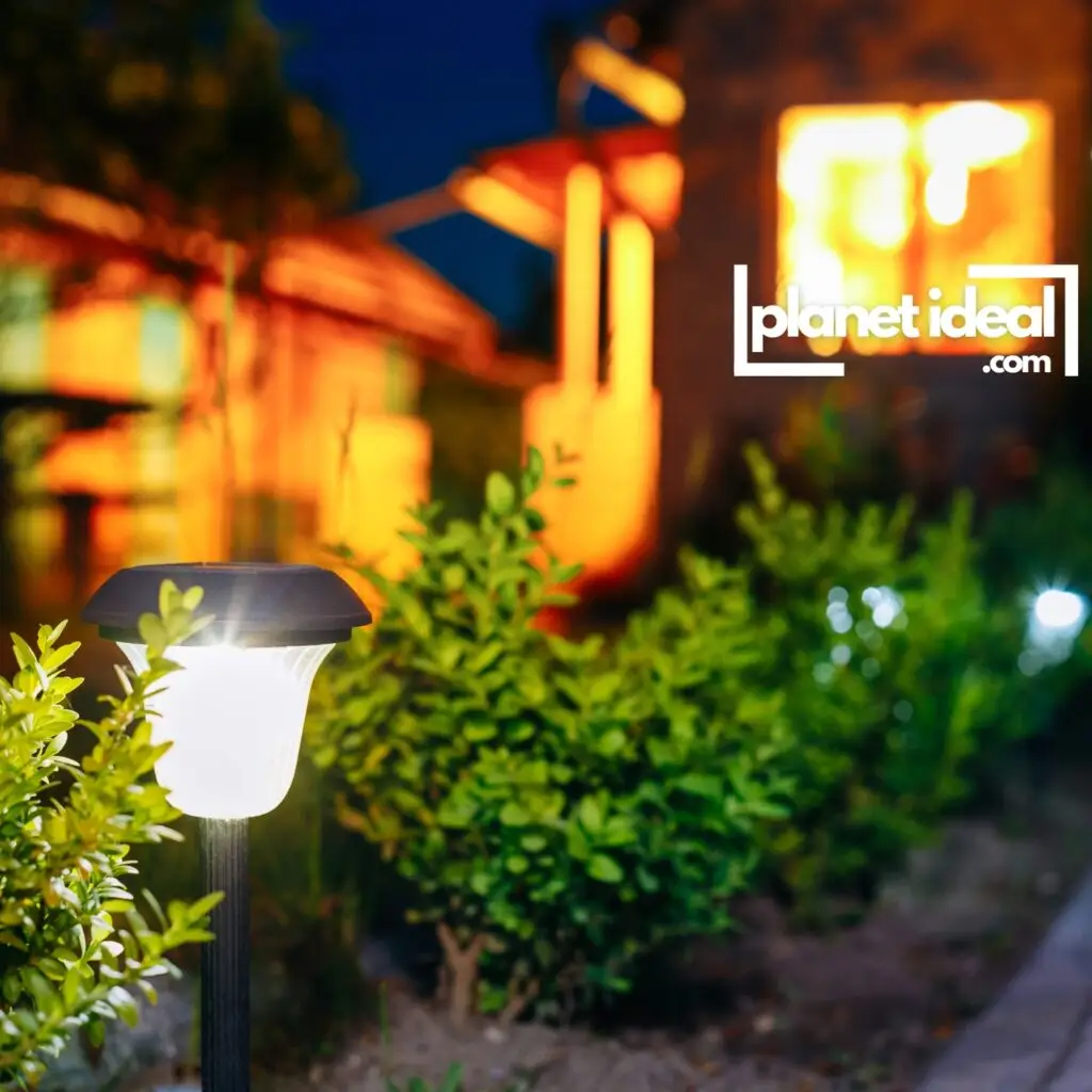 A beautifully lit garden path at dusk, lined with solar-powered lights.