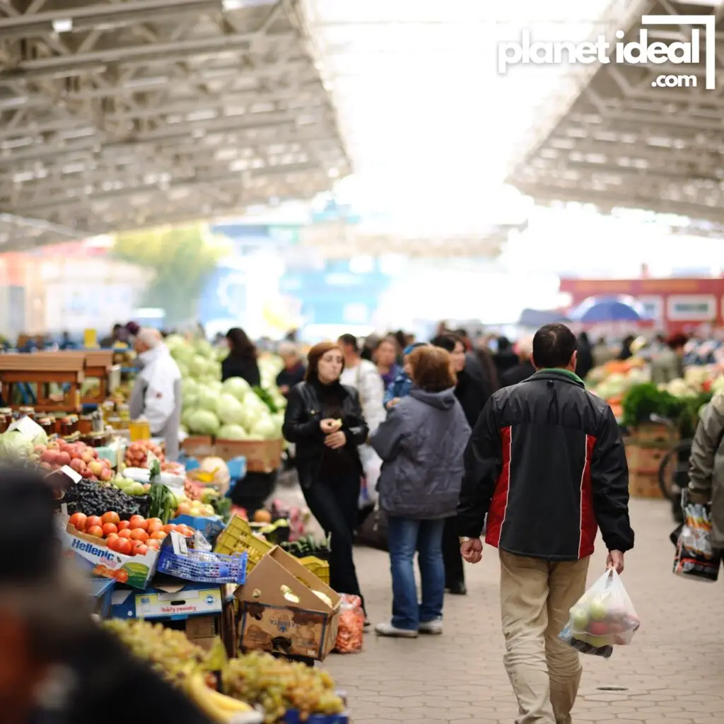 A bustling farmers’ market with families shopping, farmers chatting, and a table full of fresh produce.