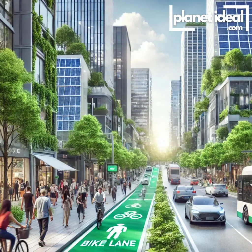 A bustling urban street with electric buses, bike lanes, and green buildings, representing a sustainable smart city.