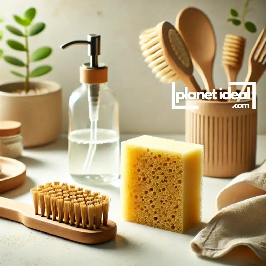 A compostable sponge next to a bamboo dish brush in a zero-waste kitchen setup.
