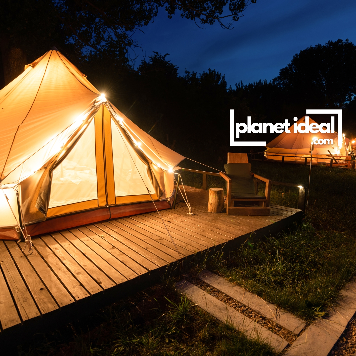 A cozy glamping tent with solar-powered lanterns, surrounded by forest or open fields.