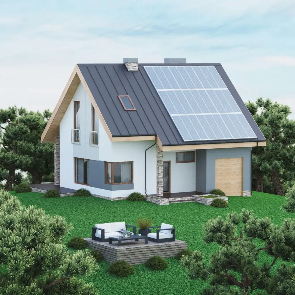 A cozy home with solar panels on the roof, surrounded by greenery