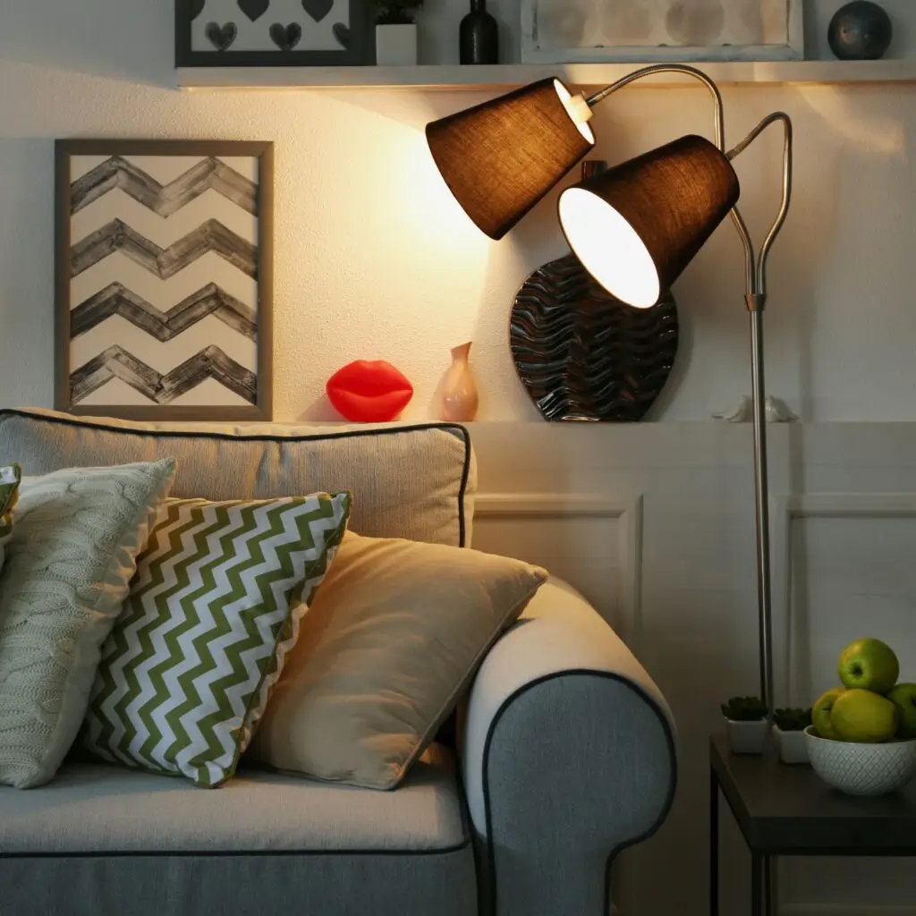 A cozy living room lit with warm LED lighting