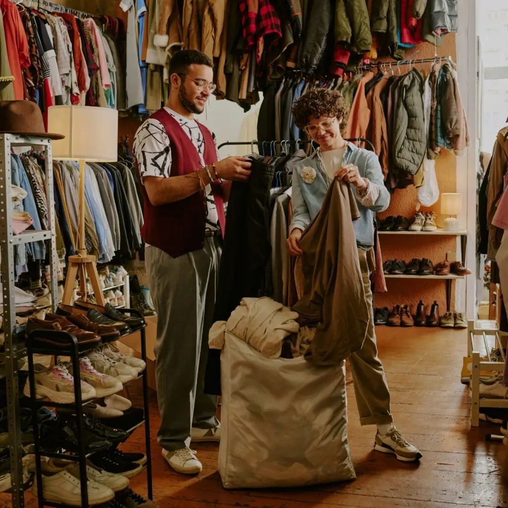 A cozy vintage shop with people wearing retro outfits