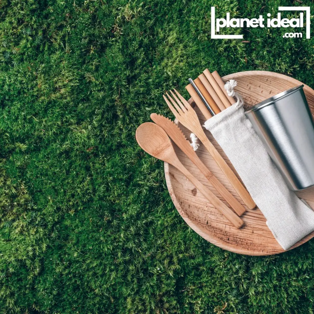 A flat lay of bamboo utensils, a collapsible container, and a reusable straw in a scenic outdoor location.