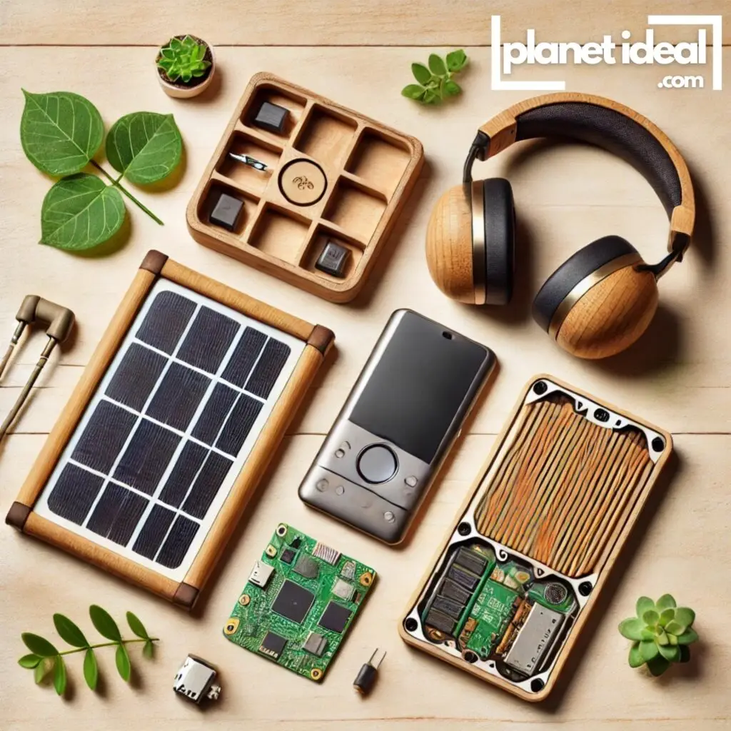 A flat lay of eco-friendly gadgets, including a solar-powered phone charger, bamboo headphones, and a Fairphone.