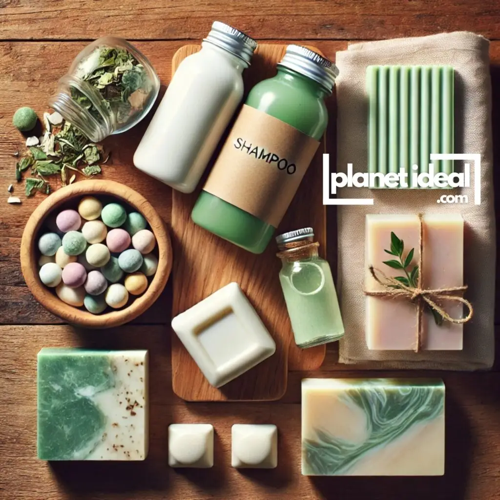 A flat lay of solid toiletries, including shampoo bars, toothpaste tablets, and natural soap.