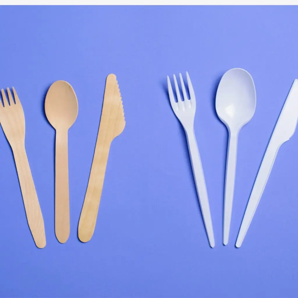 A flat lay of typical single-use plastic items with sustainable alternatives side by side