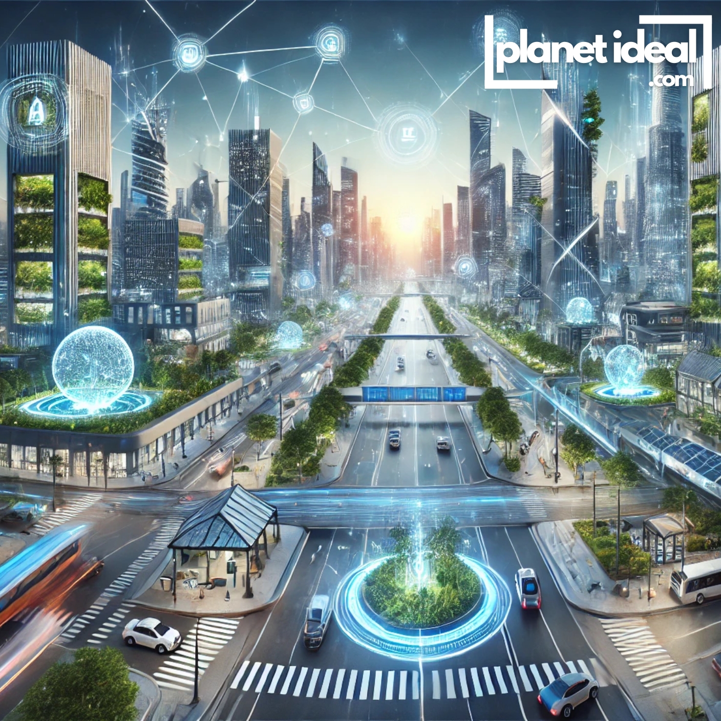 A futuristic image of a smart city with AI-controlled energy grids, autonomous electric vehicles, and vertical gardens.