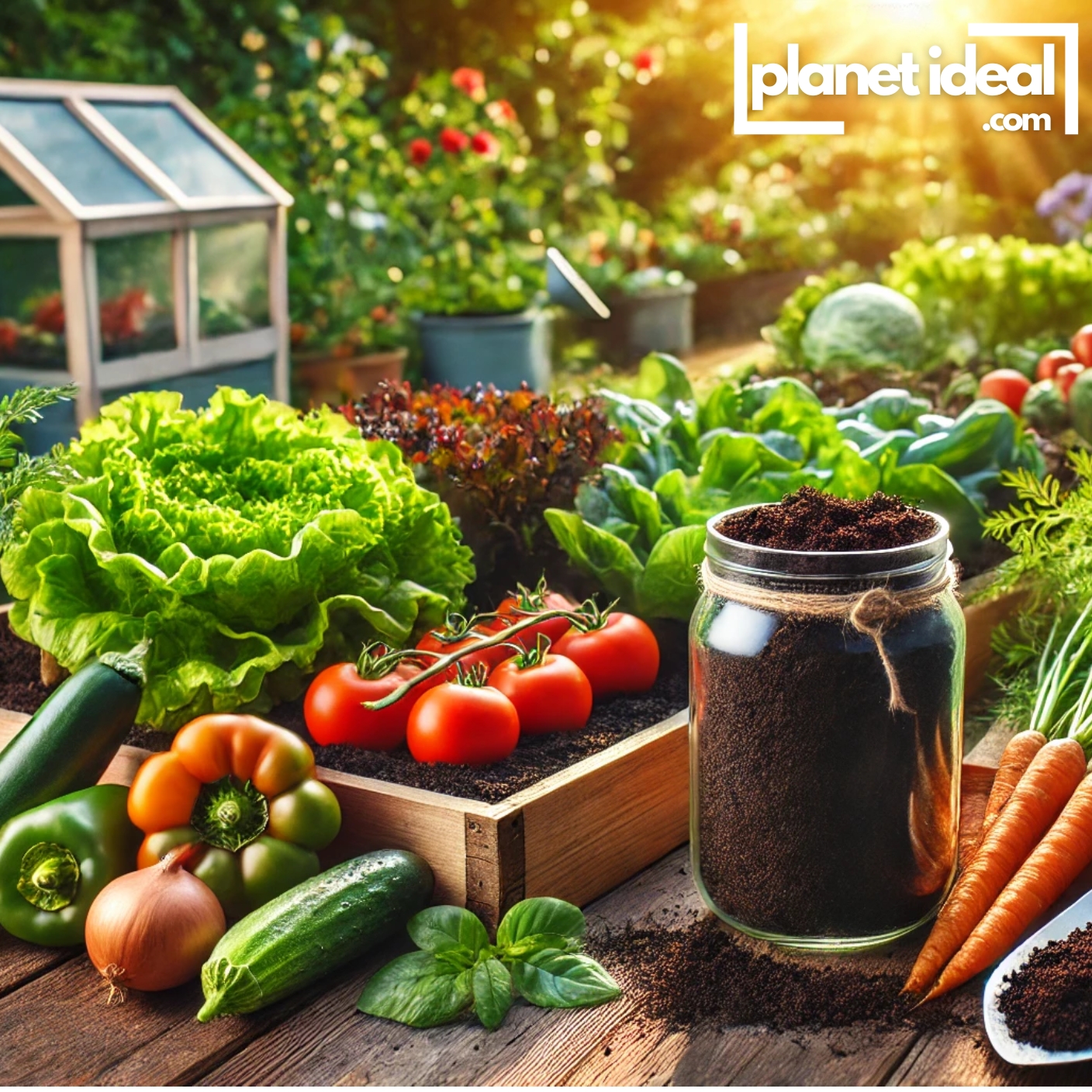 A garden filled with fresh produce alongside a jar of homemade compost, showing the cost-saving benefits of growing .