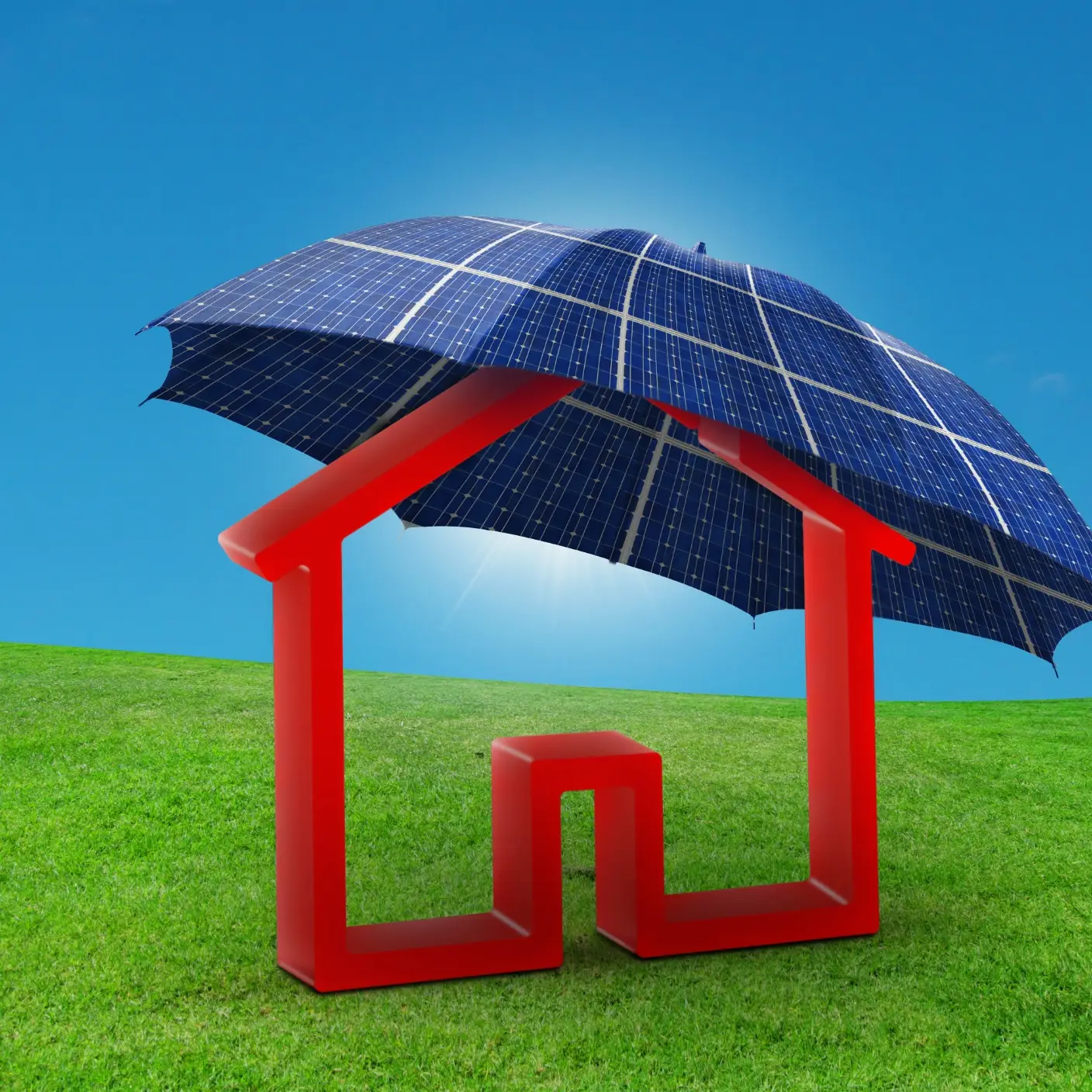 A graphic of a Home with a Solar Panel Umbrella
