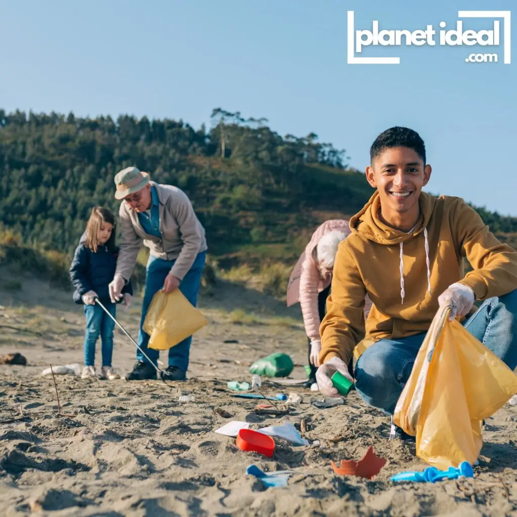 A group of travelers participating in a beach cleanup, collecting plastic waste.