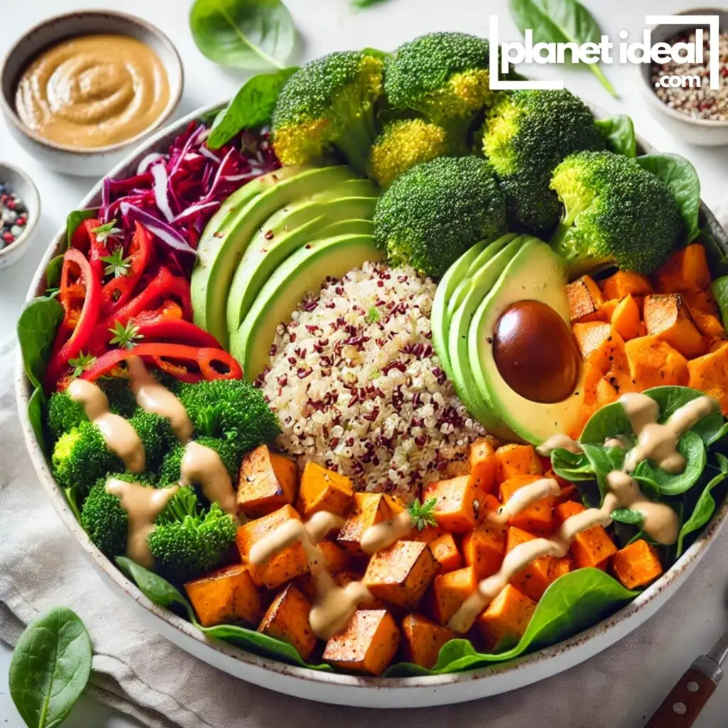 A hearty plant-based Buddha bowl filled with quinoa, roasted veggies, and tahini dressing.