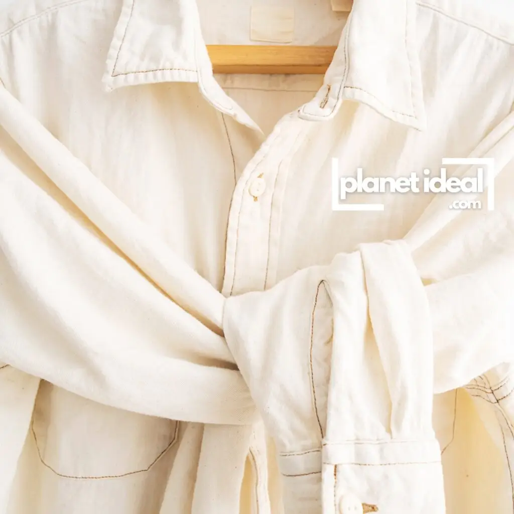 A hemp shirt displayed on a hanger