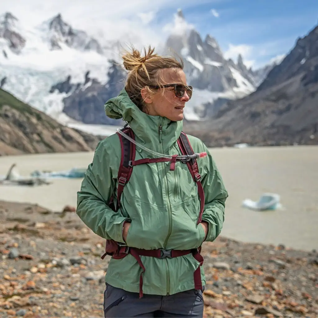 A hiker wearing a Patagonia jacket in an outdoor setting