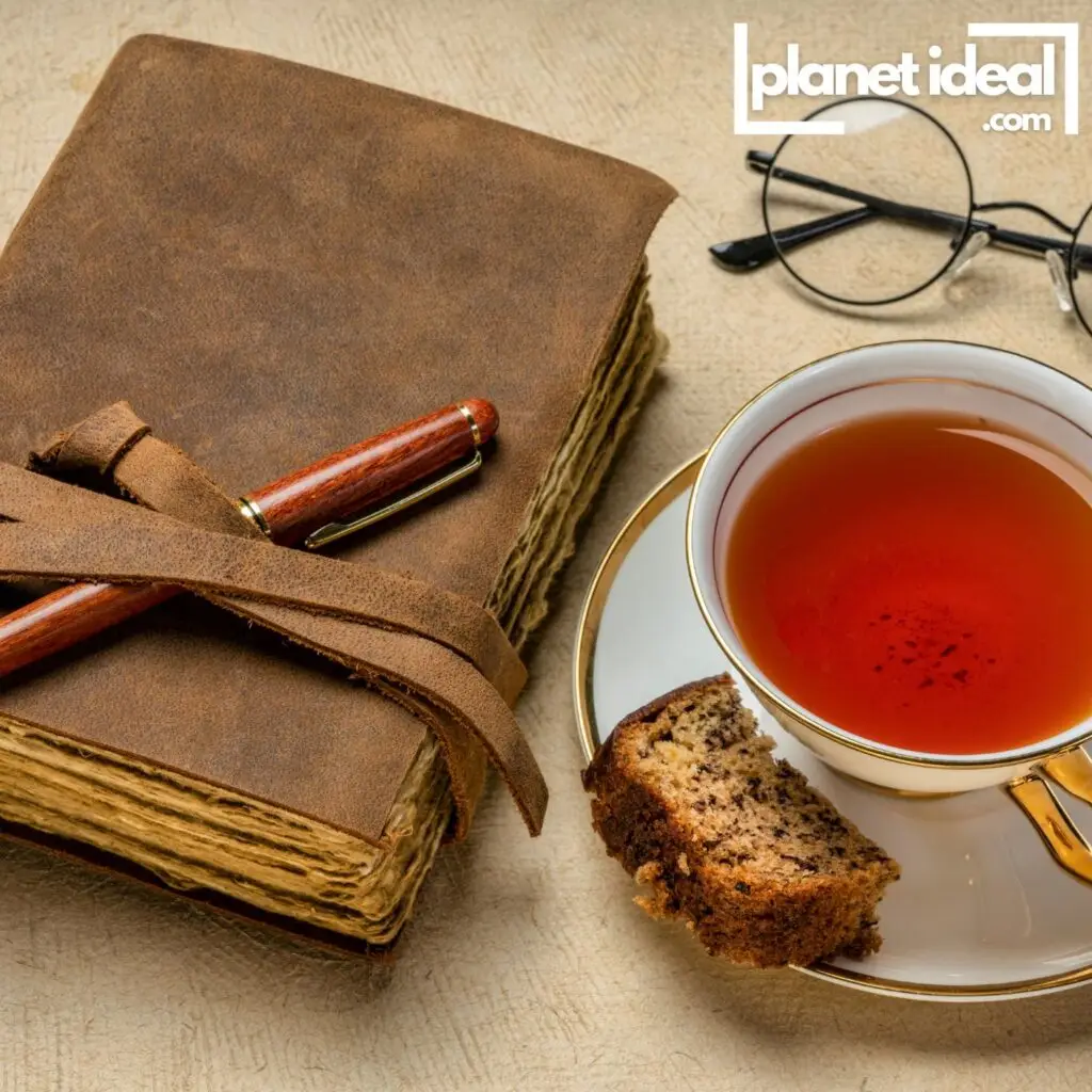 A journal and pen on a wooden desk, next to cup of tea, symbolizing a thoughtful start to the day.