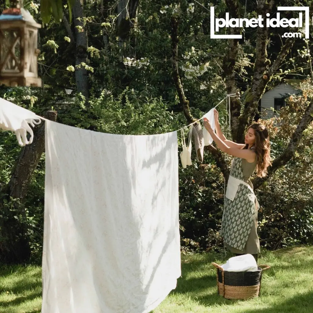 A laundry line with clothes drying naturally in the sunlight, surrounded by greenery.
