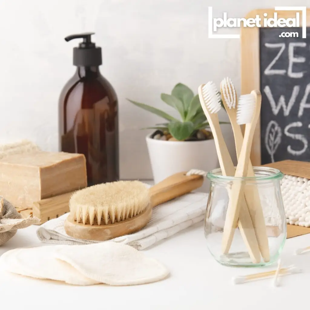 A neatly organized bathroom counter with a bamboo toothbrush, soap bar,