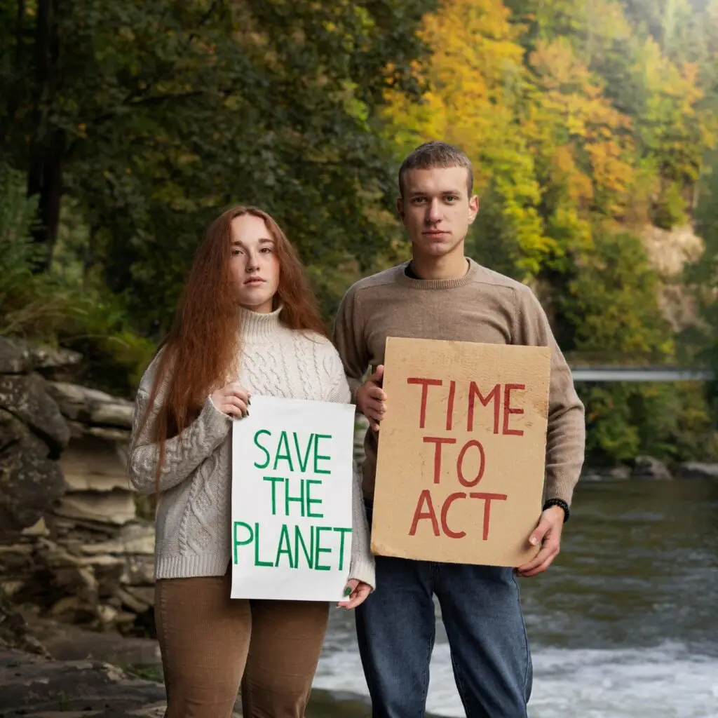 A protest event with signs advocating for a plastic ban