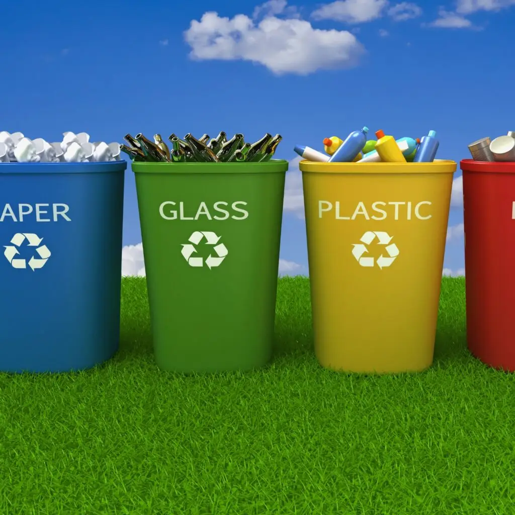 A recycling Bin filled with clean recyclables like Plastic, Bottles , Paper and Cans
