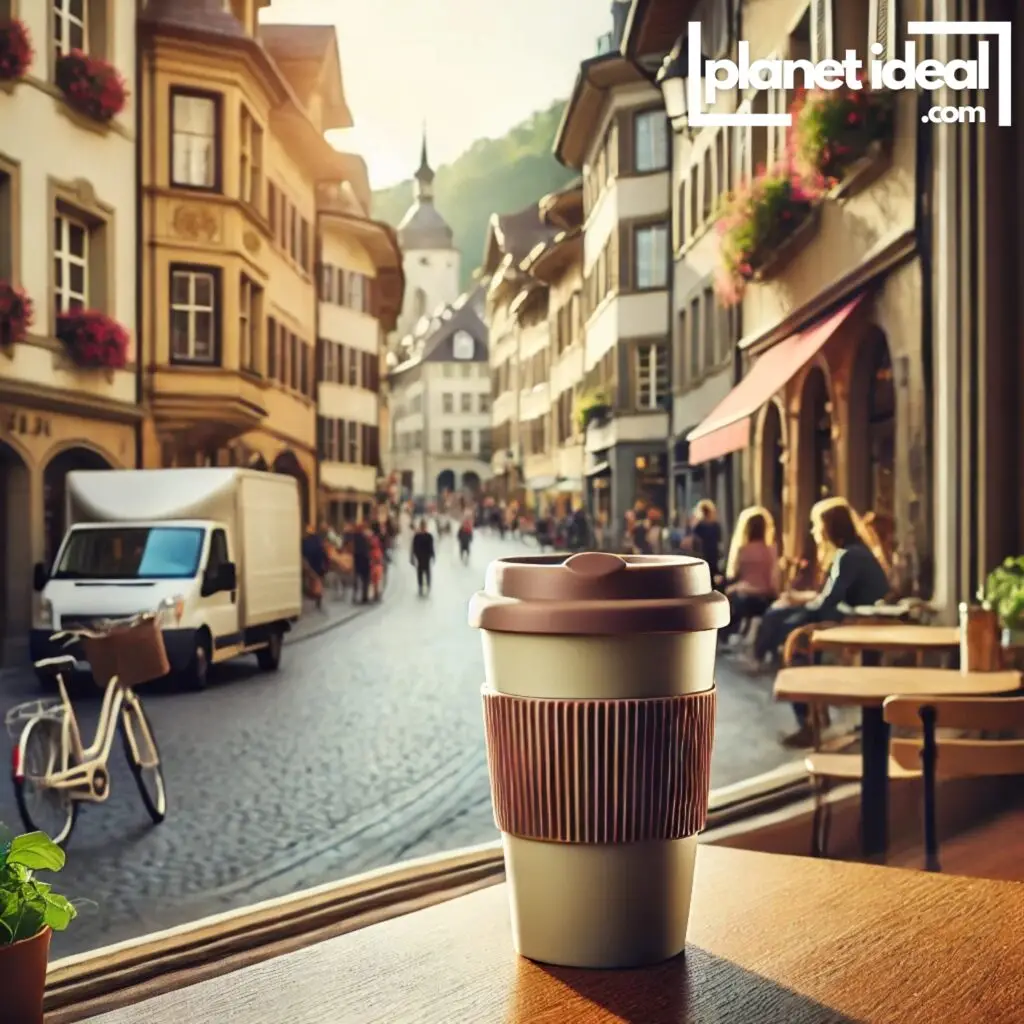 A reusable coffee cup perched on a café table overlooking a bustling European street.