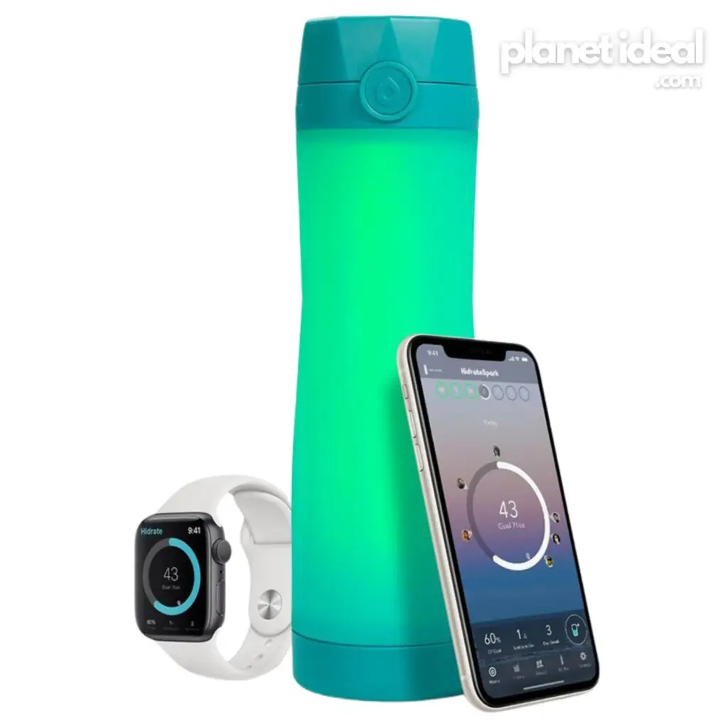 A reusable smart water bottle on a gym bench, glowing softly as a hydration reminder.