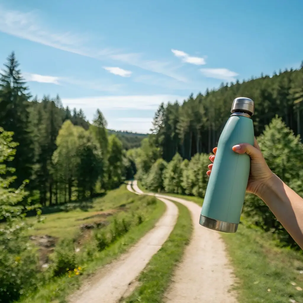 A reusable water bottle on a hiking trail with nature in the background