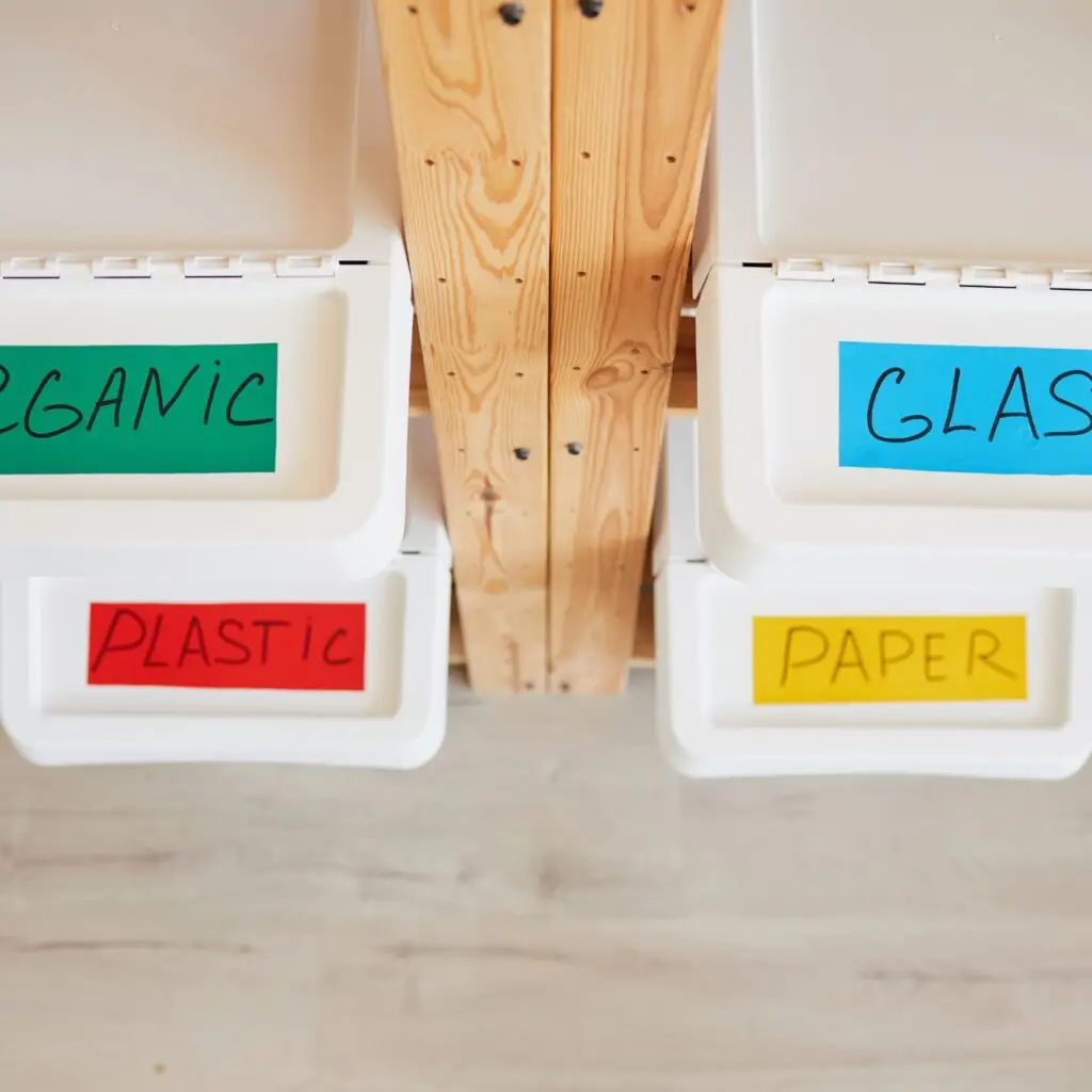 A set of labeled bins for organized recycling