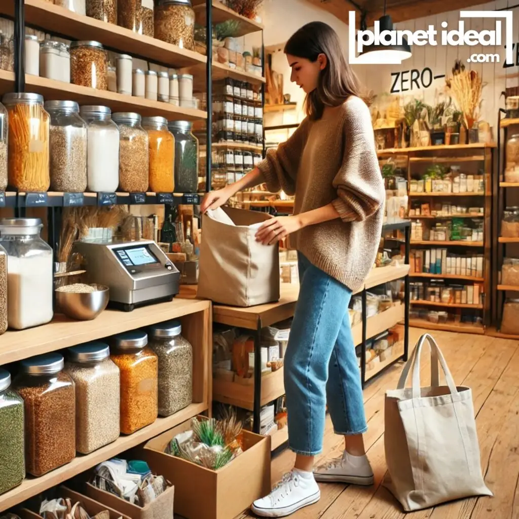 A shopper browsing eco-friendly products at a zero-waste store, filling jars and reusable containers.