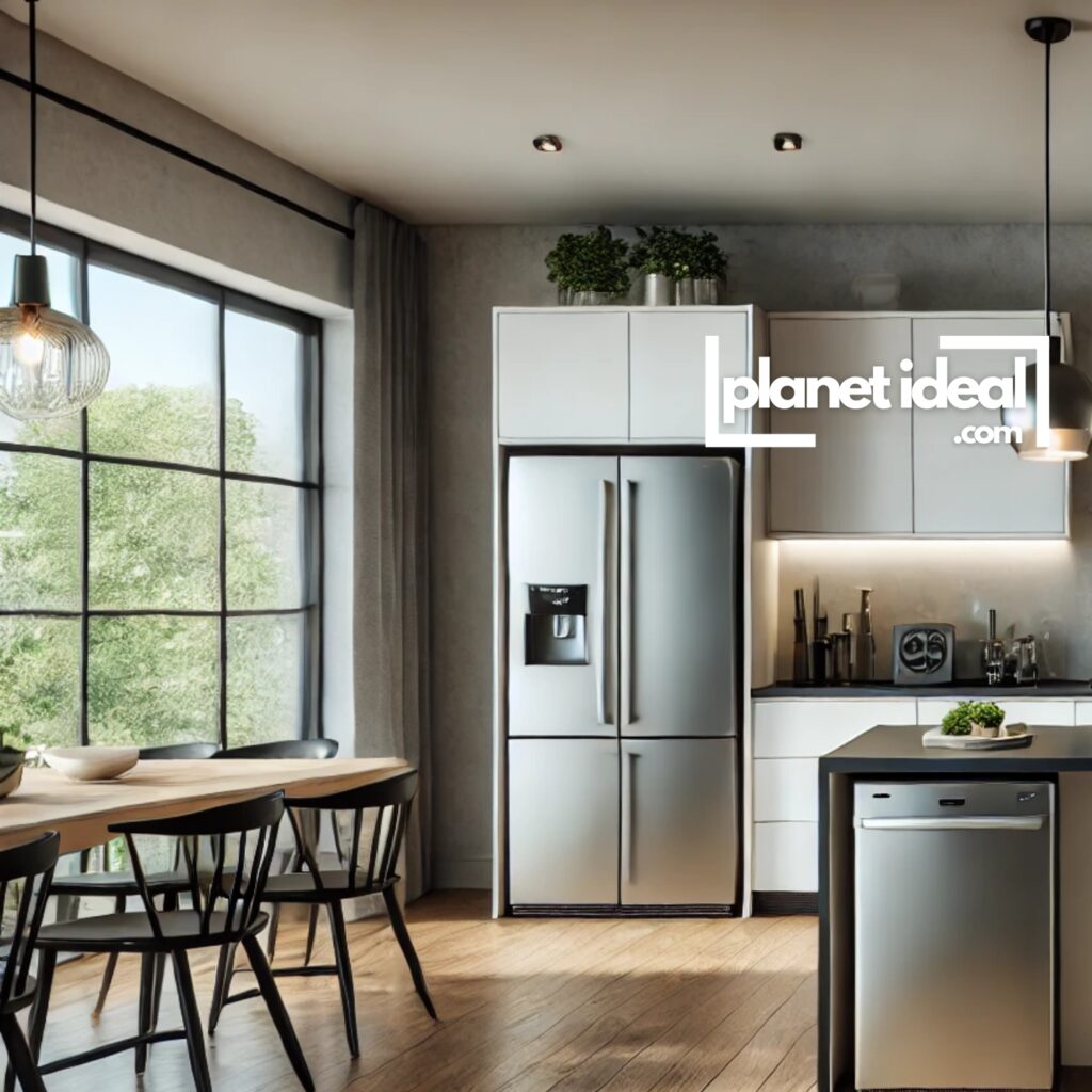 A sleek, modern kitchen featuring ENERGY STAR-certified appliances, such as a fridge, dishwasher, and oven.