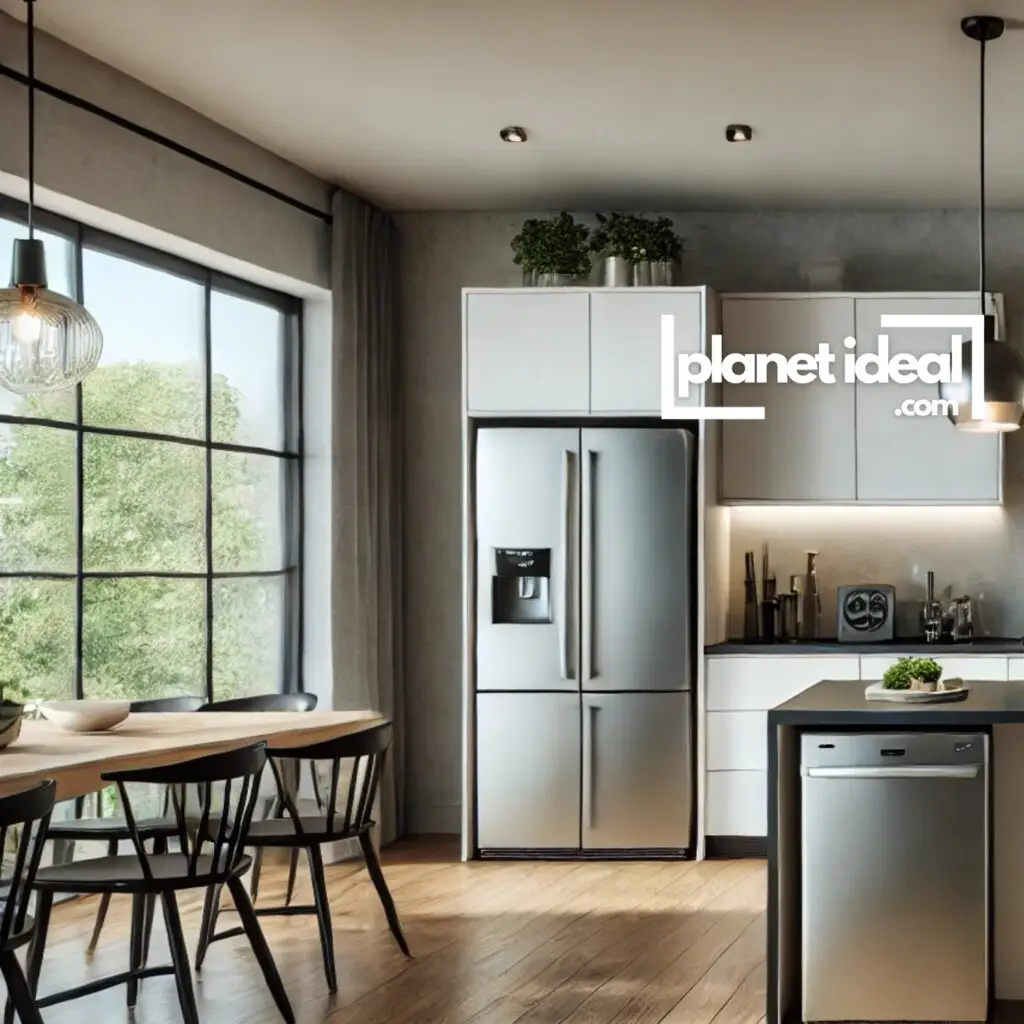 A sleek, modern kitchen featuring ENERGY STAR-certified appliances, such as a fridge, dishwasher, and oven.