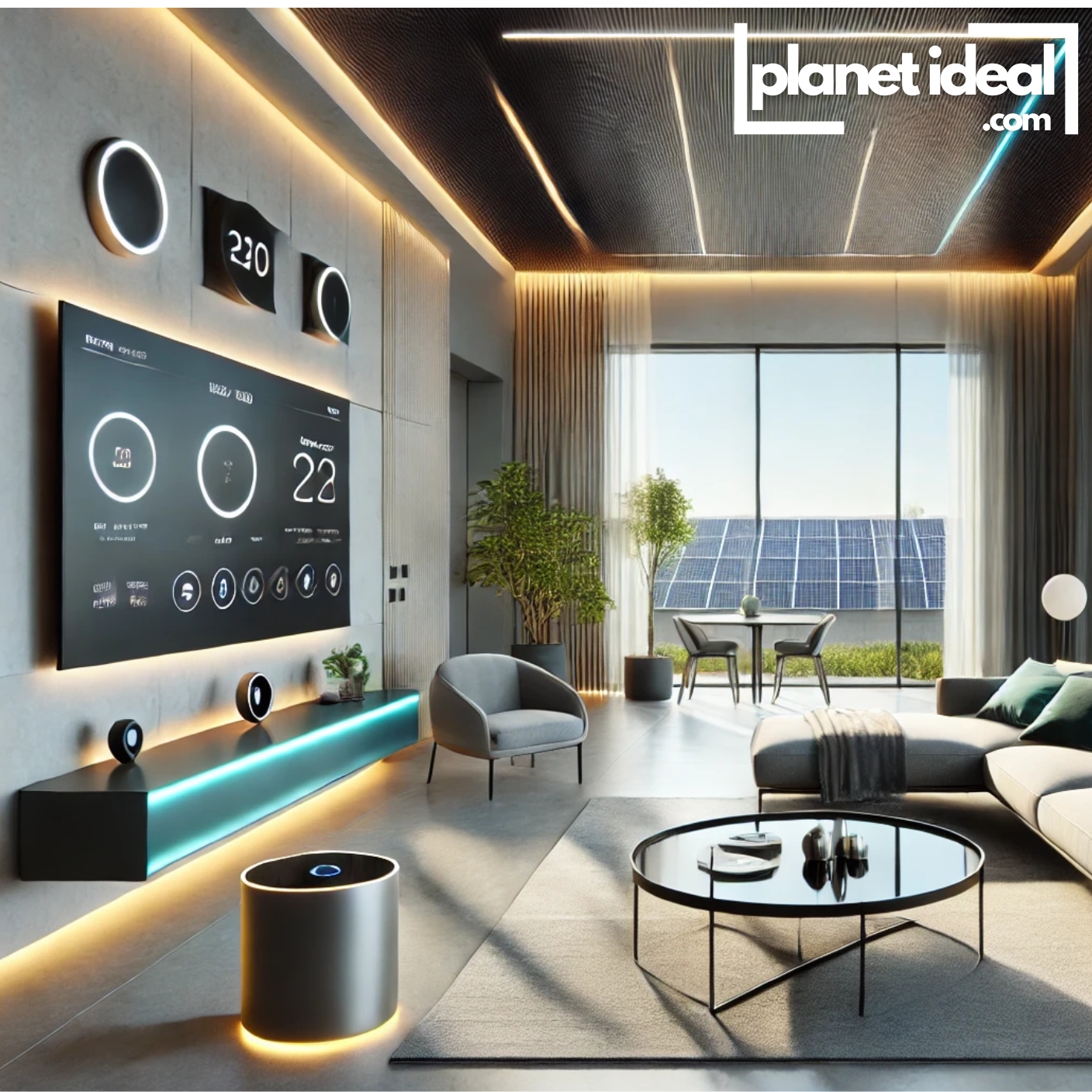 A sleek, modern living room with smart devices like a thermostat, LED lights, and solar panels visible through the windows.