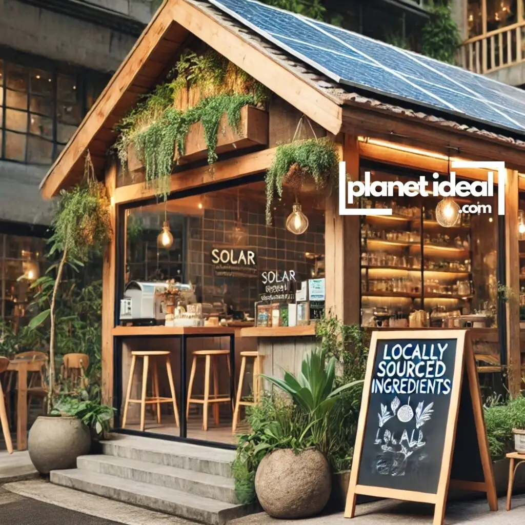 A small, eco-friendly café with solar panels on the roof and a sign promoting “locally sourced ingredients.