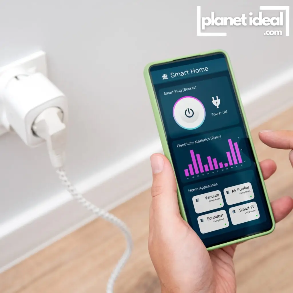 A smart plug controlling a device, with turning on via a smartphone app.