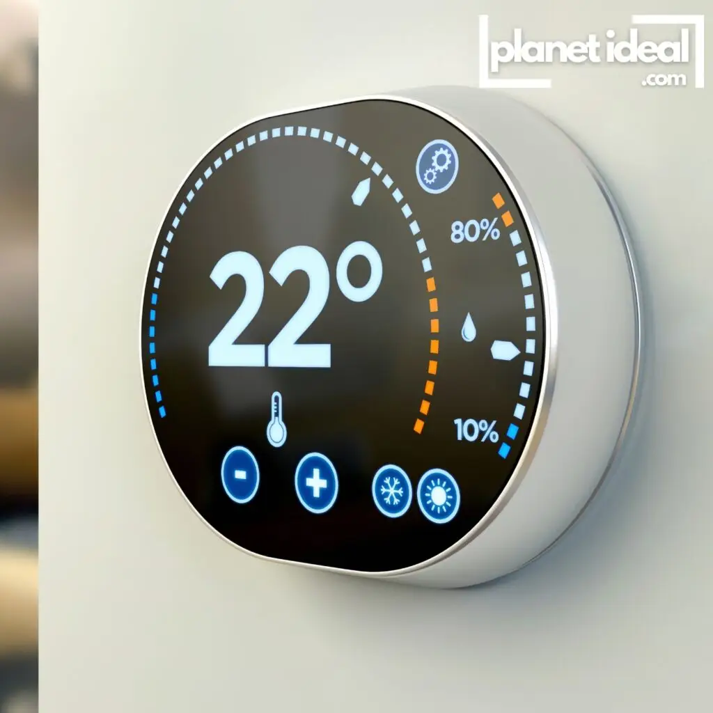 A smart thermostat mounted on a living room wall, with its sleek interface glowing softly.