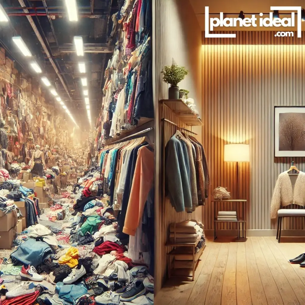 A striking image contrasting a packed fast fashion store with a minimal, curated wardrobe.