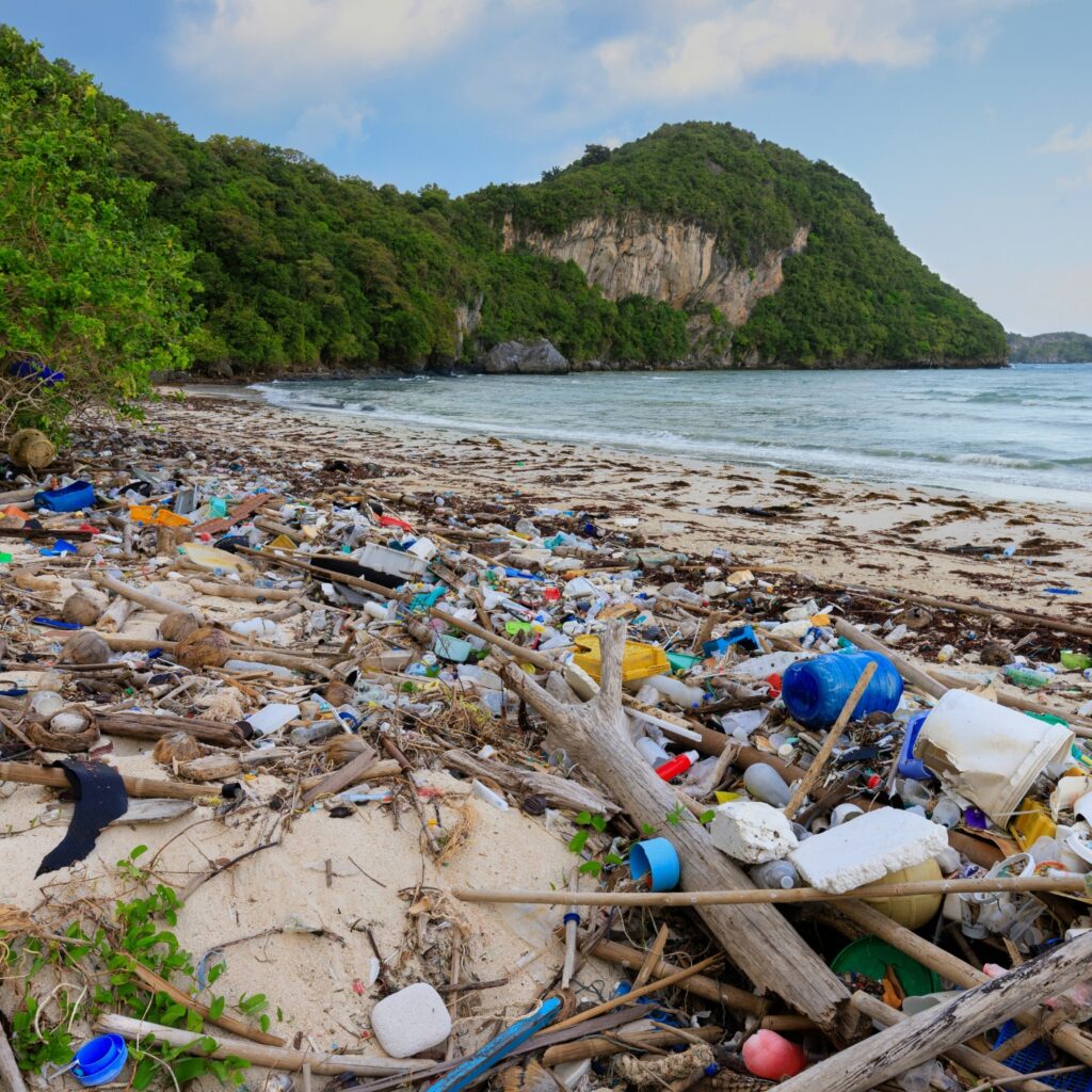 A striking image of a beach littered with plastic waste, juxtaposed with a clean, pristine shoreline