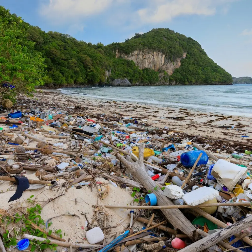 A striking image of a beach littered with plastic waste, juxtaposed with a clean, pristine shoreline