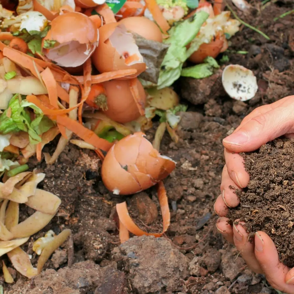 A tidy kitchen compost bin with colorful fruit and vegetable scraps