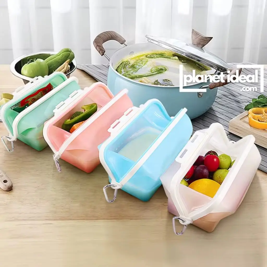 A vibrant photo of colorful silicone bags filled with fresh produce