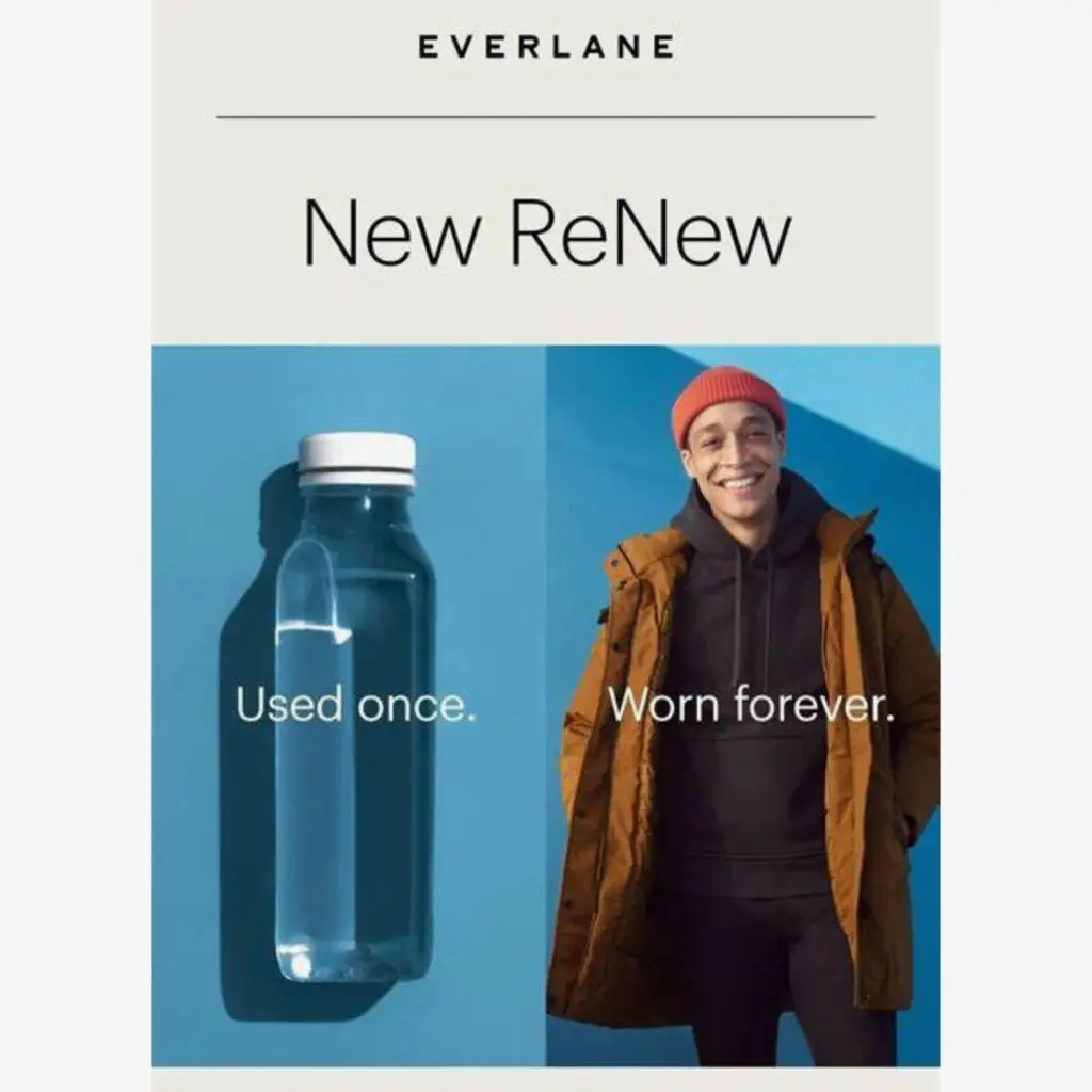 An Everlane display, featuring a sustainability-focused tagline