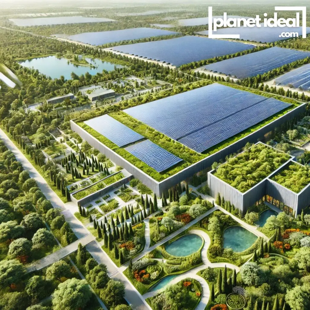 An aerial view of a green data center surrounded by solar panels and greenery, emphasizing eco-friendly design.