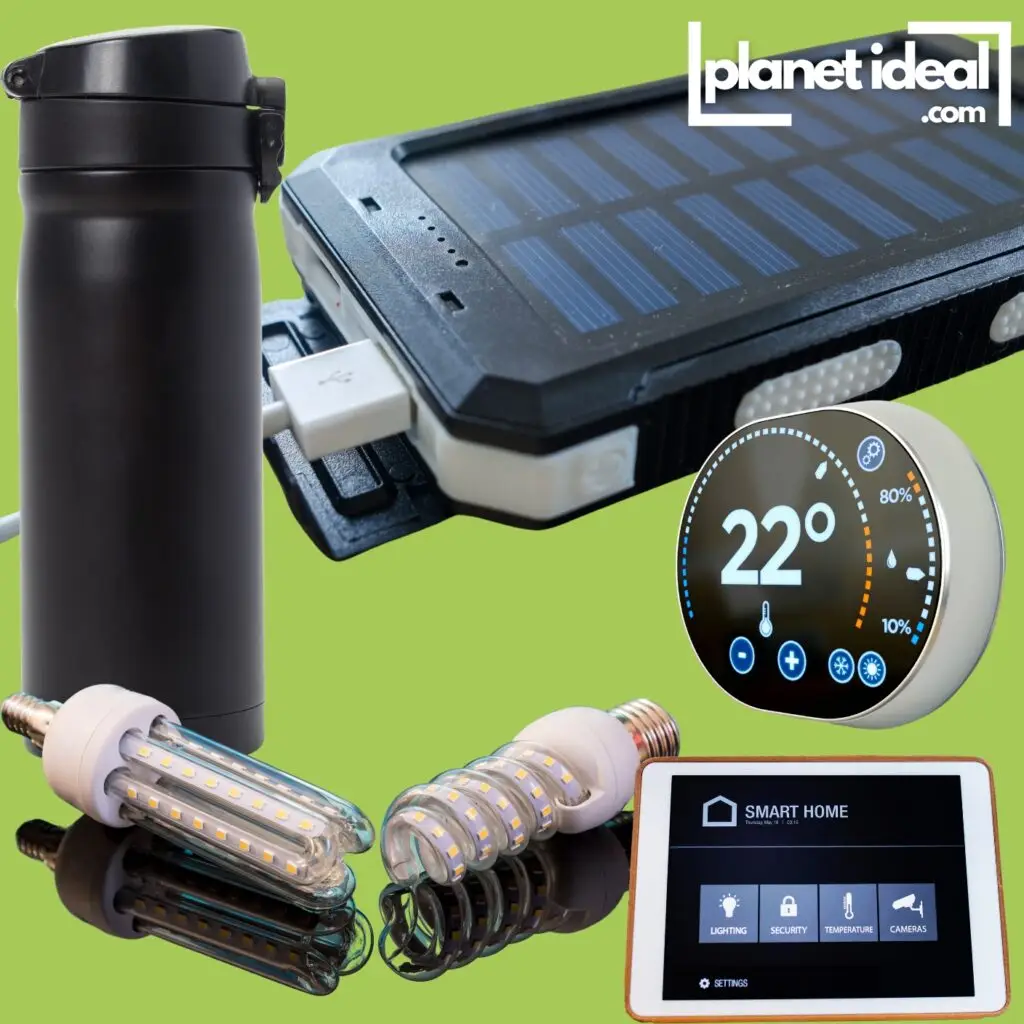 An array of eco-friendly gadgets like solar chargers, reusable smart water bottles, and energy-saving plugs