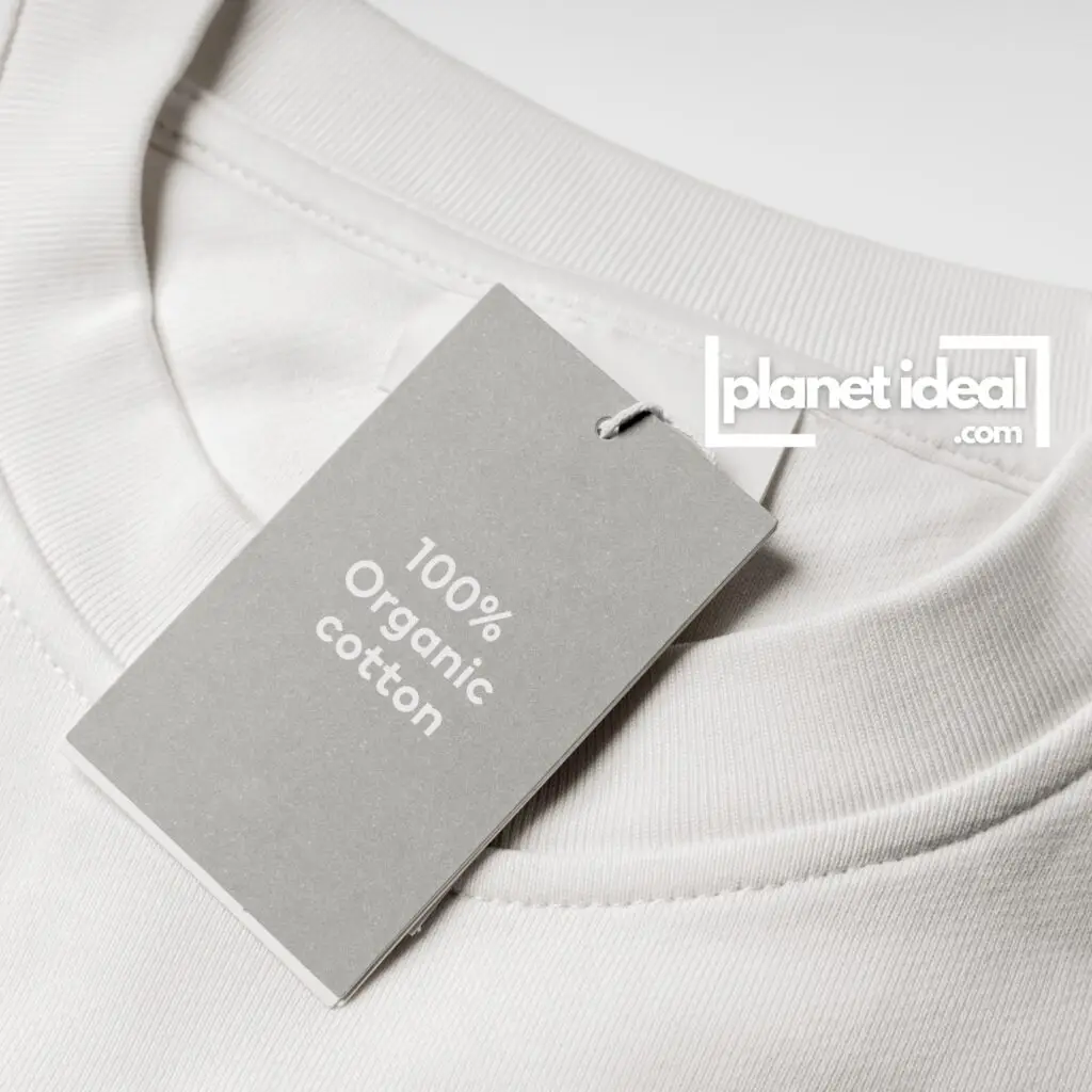 An organic cotton T-shirt, with a tag displaying 100% Organic.