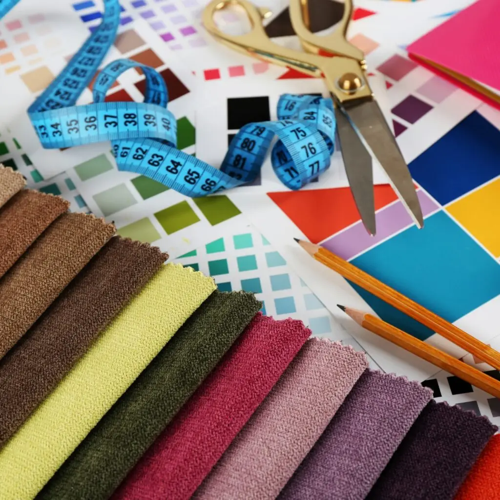 Close up shot of various sustainable fabrics like cotton hemp and tencel swatches