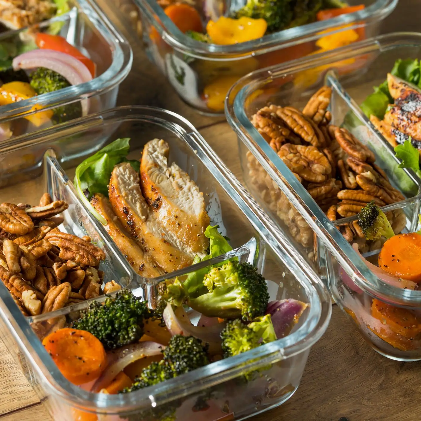Neatly arranged glass meal prep containers