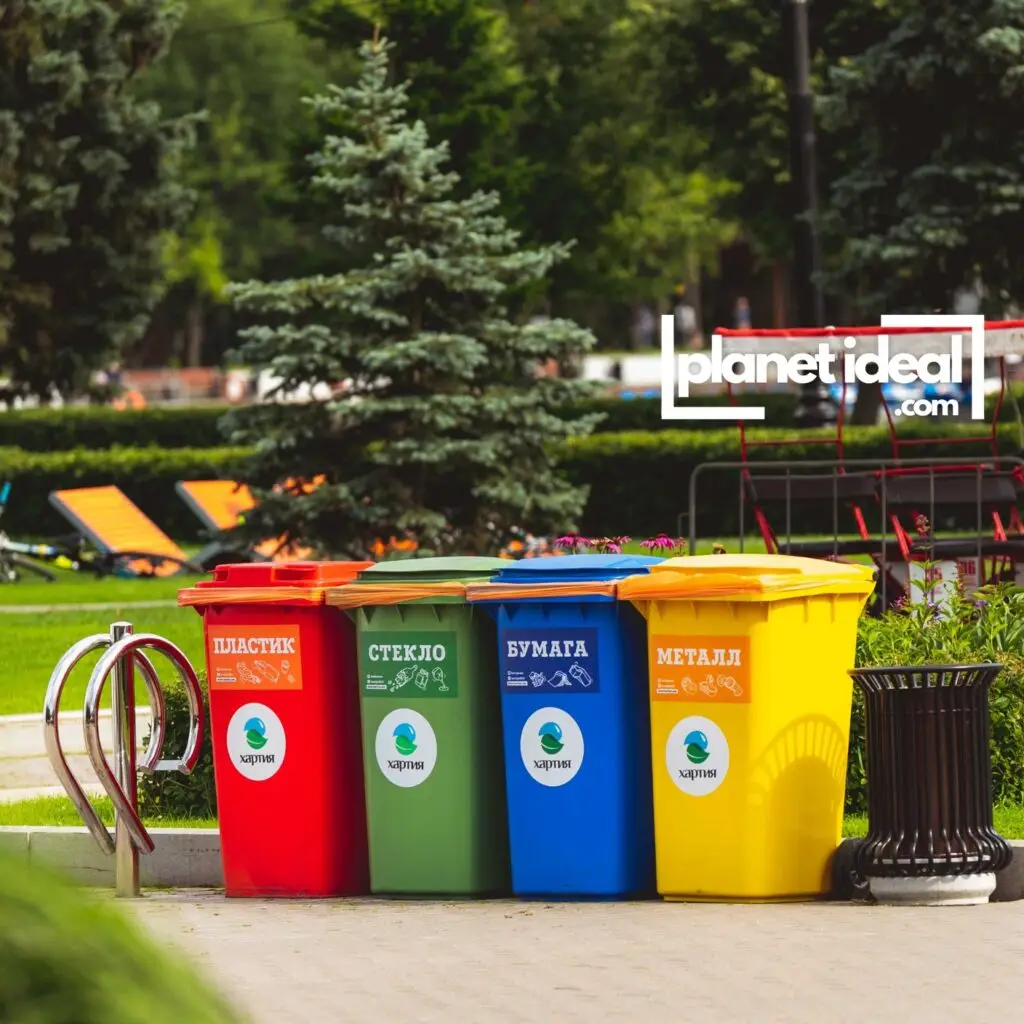 dedicated recycling bins and community composting areas, showcasing urban zero-waste efforts.